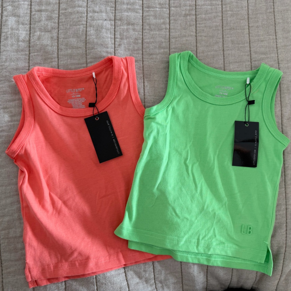 NWT set of 2 Little Bipsy neon elevated tank coral and green 12-18m